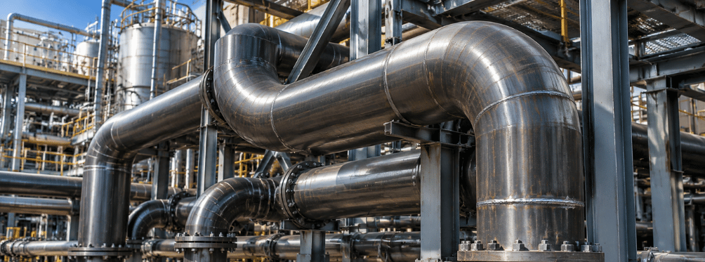 Estrutura de tubulação feita com tubos calandrados de aço carbono